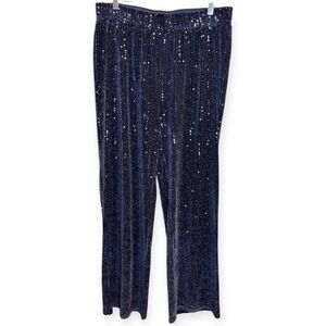 NWOT Messini Size L Navy Blue Sequin Velvet Wide Leg Comfy Elastic Waist Pants